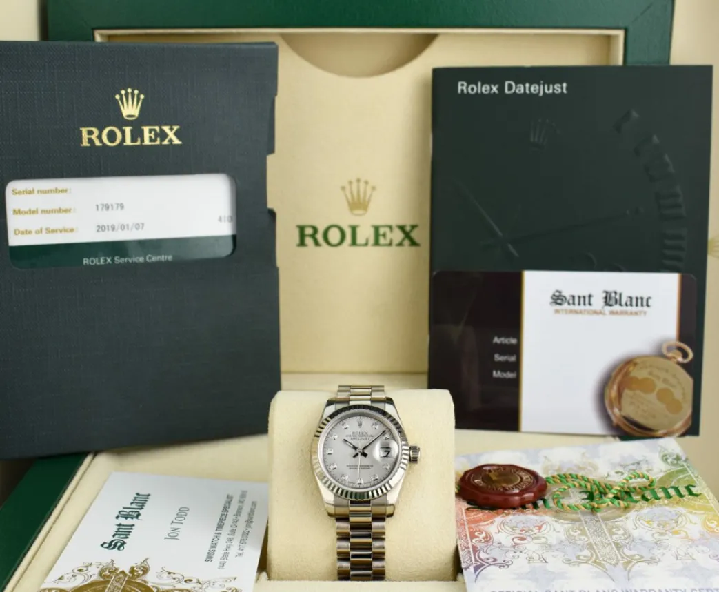 rolex_ladies_kt_white_gol_0-5.webp Ladies Watches | President Dress Watches | Sant Blanc ROLEX Ladies 18kt White Gold President Mother Of Pearl Diamond Pearl Dial Model 179179