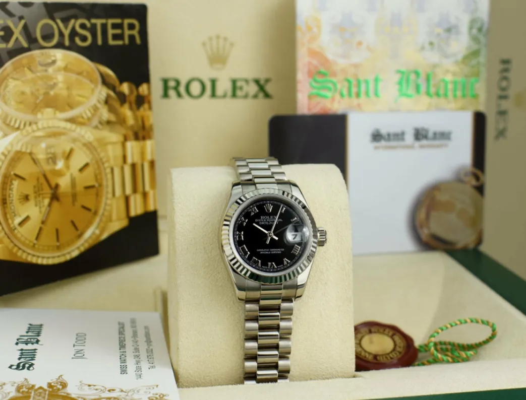 rolex_ladies_kt_white_gol_1-2.webp Ladies Watches | President Dress Watches | Sant Blanc ROLEX Ladies 18kt White Gold Datejust President Black Roman Dial Model 179179