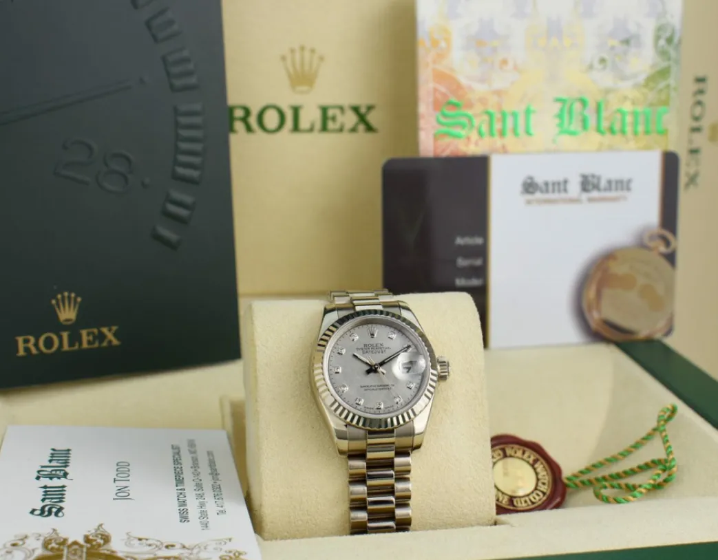 rolex_ladies_kt_white_gol_1-5.webp Ladies Watches | President Dress Watches | Sant Blanc ROLEX Ladies 18kt White Gold President Mother Of Pearl Diamond Pearl Dial Model 179179
