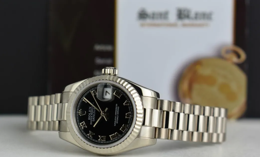 rolex_ladies_kt_white_gol_3-2.webp Ladies Watches | President Dress Watches | Sant Blanc ROLEX Ladies 18kt White Gold Datejust President Black Roman Dial Model 179179