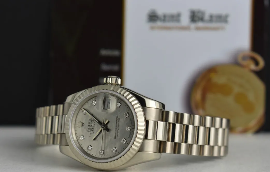 rolex_ladies_kt_white_gol_3-5.webp Ladies Watches | President Dress Watches | Sant Blanc ROLEX Ladies 18kt White Gold President Mother Of Pearl Diamond Pearl Dial Model 179179
