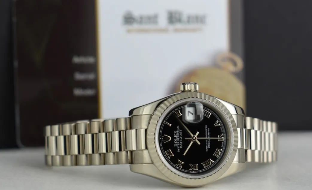 rolex_ladies_kt_white_gol_4-2.webp Ladies Watches | President Dress Watches | Sant Blanc ROLEX Ladies 18kt White Gold Datejust President Black Roman Dial Model 179179