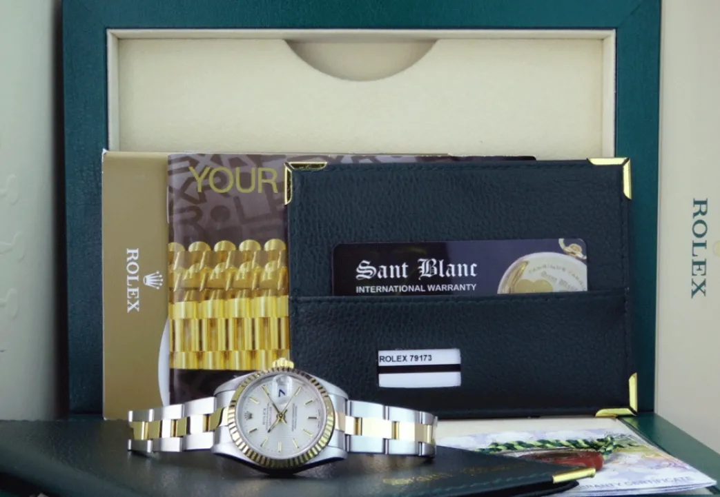 rolex_ladies_mm_kt_gold___0-5.webp Ladies Watches | Dress Watches | Sant Blanc ROLEX Ladies 26mm 18kt Gold & Stainless DateJust Silver Tapestry Stick Dial Model 79173
