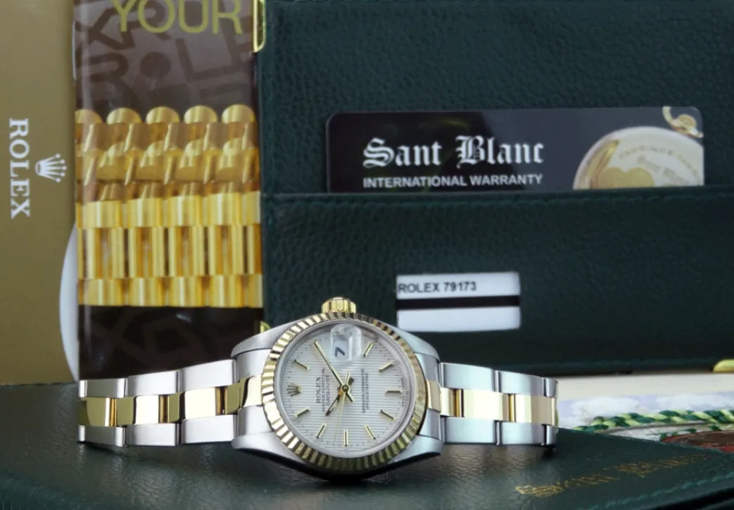 rolex_ladies_mm_kt_gold___1-5.webp Ladies Watches | Dress Watches | Sant Blanc ROLEX Ladies 26mm 18kt Gold & Stainless DateJust Silver Tapestry Stick Dial Model 79173