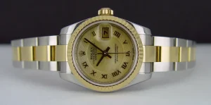 Ladies Watches | Dress Watches | Sant Blanc ROLEX Ladies 26mm 18kt Gold & Stainless DateJust Canari MOP Deco Roman Dial Model 179173
