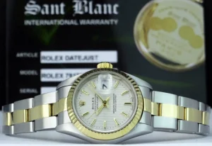 Ladies Watches | Dress Watches | Sant Blanc ROLEX Ladies 26mm 18kt Gold & Stainless DateJust Silver Tapestry Stick Dial Model 79173