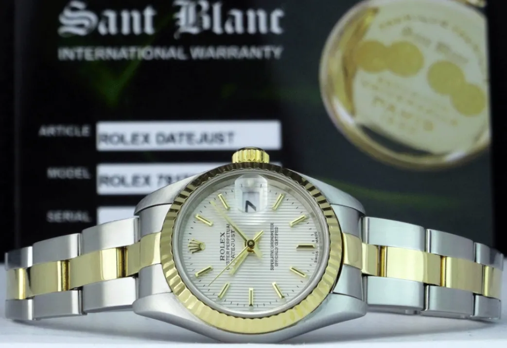 rolex_ladies_mm_kt_gold___2-5.webp Ladies Watches | Dress Watches | Sant Blanc ROLEX Ladies 26mm 18kt Gold & Stainless DateJust Silver Tapestry Stick Dial Model 79173
