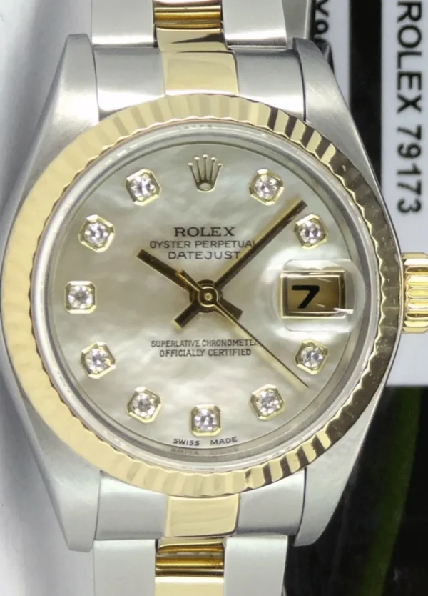 Ladies Watches | Dress Watches | Sant Blanc ROLEX Ladies 26mm 18kt Gold & Stainless DateJust Mother of Pearl Diamond Dial Model 79173