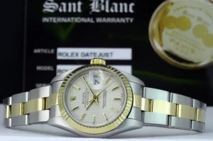Ladies Watches | Dress Watches | Sant Blanc ROLEX Ladies 26mm 18kt Gold & Stainless DateJust Silver Tapestry Stick Dial Model 79173