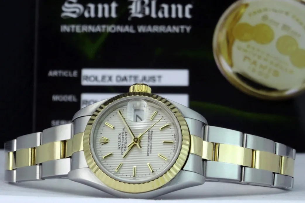 rolex_ladies_mm_kt_gold___3-5.webp Ladies Watches | Dress Watches | Sant Blanc ROLEX Ladies 26mm 18kt Gold & Stainless DateJust Silver Tapestry Stick Dial Model 79173