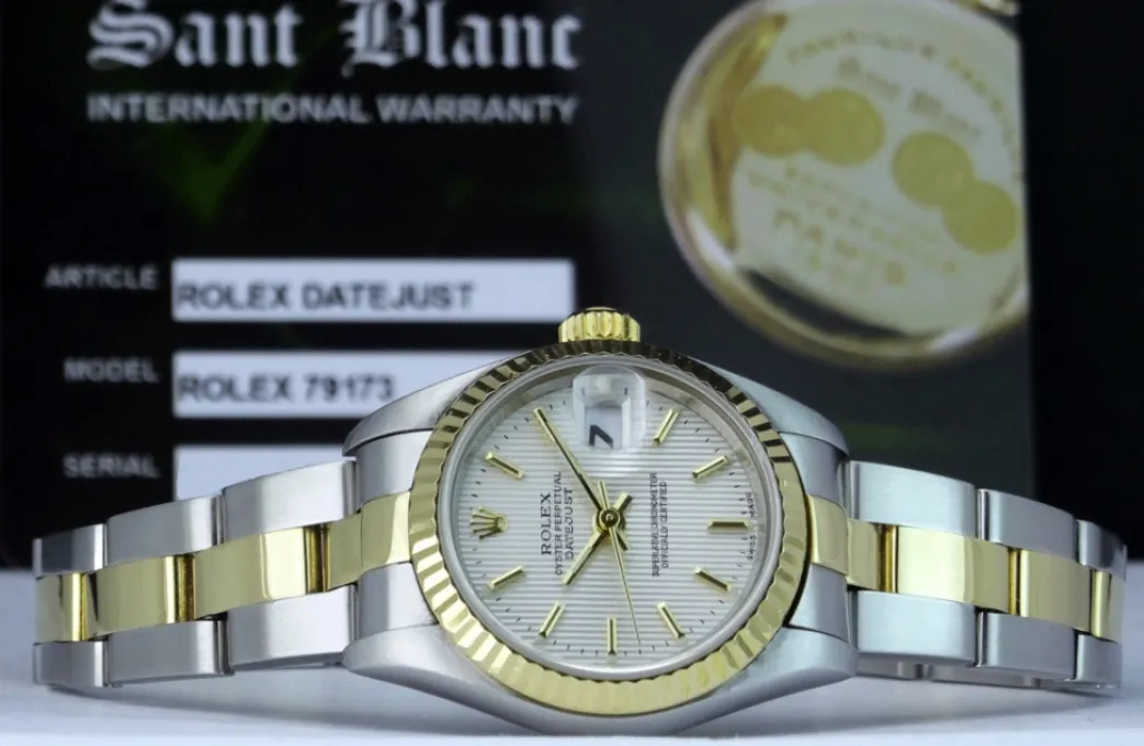 rolex_ladies_mm_kt_gold___4-5.webp Ladies Watches | Dress Watches | Sant Blanc ROLEX Ladies 26mm 18kt Gold & Stainless DateJust Silver Tapestry Stick Dial Model 79173