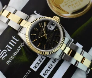 Ladies Watches | Dress Watches | Sant Blanc ROLEX Ladies 26mm 18kt Gold & Stainless Steel DateJust Black Tapestry Stick Dial Model 69173