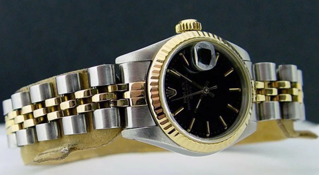 rolex_ladies_mm_kt_gold___4.webp Dress Watches | Ladies Watches | Sant Blanc ROLEX Ladies 26mm 18kt Gold & Stainless Steel DateJust Black Stick Dial Model 69173