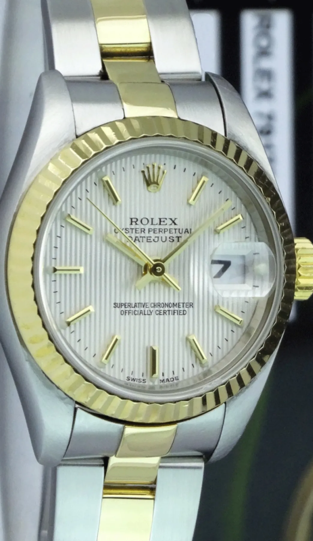 rolex_ladies_mm_kt_gold___6-3.webp Ladies Watches | Dress Watches | Sant Blanc ROLEX Ladies 26mm 18kt Gold & Stainless DateJust Silver Tapestry Stick Dial Model 79173