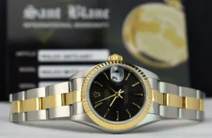 Ladies Watches | Dress Watches | Sant Blanc ROLEX Ladies 26mm 18kt Gold & Stainless Steel DateJust Black Tapestry Stick Dial Model 69173