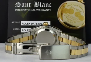 Ladies Watches | Dress Watches | Sant Blanc ROLEX Ladies 26mm 18kt Gold & Stainless Steel DateJust Black Tapestry Stick Dial Model 69173