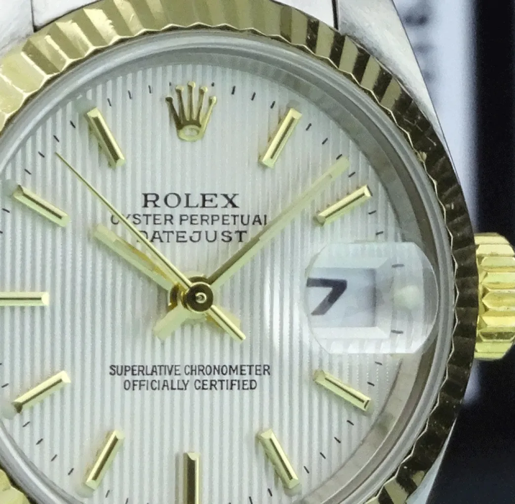 rolex_ladies_mm_kt_gold___7.webp Ladies Watches | Dress Watches | Sant Blanc ROLEX Ladies 26mm 18kt Gold & Stainless DateJust Silver Tapestry Stick Dial Model 79173