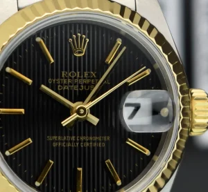 Ladies Watches | Dress Watches | Sant Blanc ROLEX Ladies 26mm 18kt Gold & Stainless Steel DateJust Black Tapestry Stick Dial Model 69173