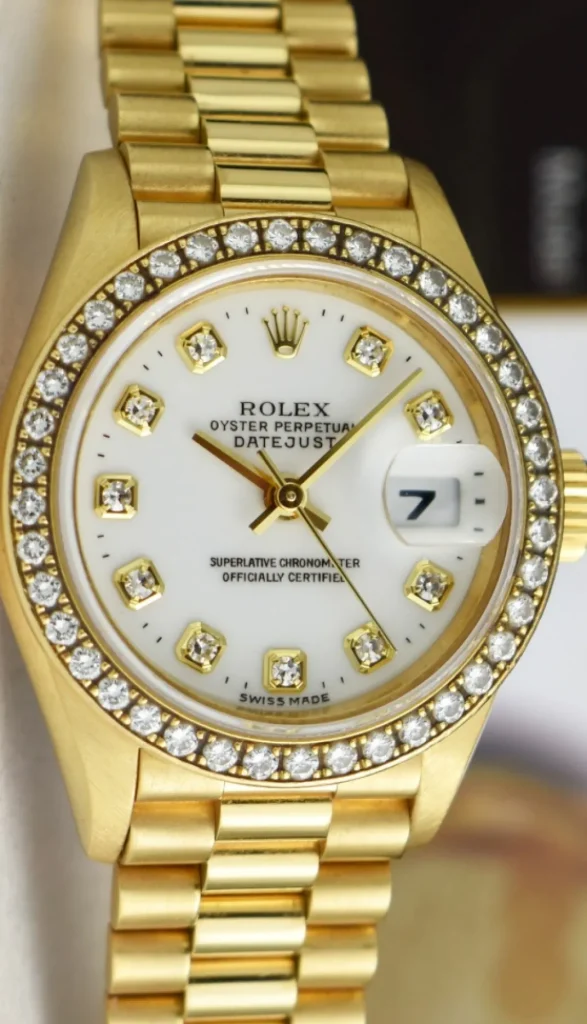 Ladies Watches | President Dress Watches | Sant Blanc ROLEX Ladies 26mm 18kt Gold President White Dial Diamond Bezel Model 69178