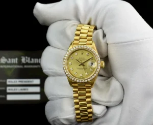 President Dress Watches | Dress Watches | Sant Blanc ROLEX Ladies 26mm 18kt Gold President Datejust Champagne Diamond Dial Diamond Bezel Model 69138