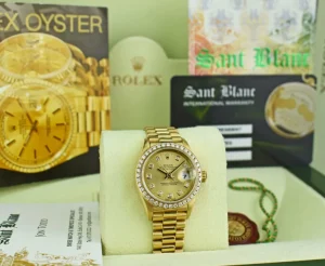 President Dress Watches | Dress Watches | Sant Blanc ROLEX Ladies 26mm 18kt Gold President Datejust Champagne Diamond Dial Diamond Bezel Model 69138