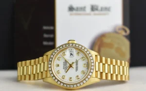 Ladies Watches | President Dress Watches | Sant Blanc ROLEX Ladies 26mm 18kt Gold President White Dial Diamond Bezel Model 69178