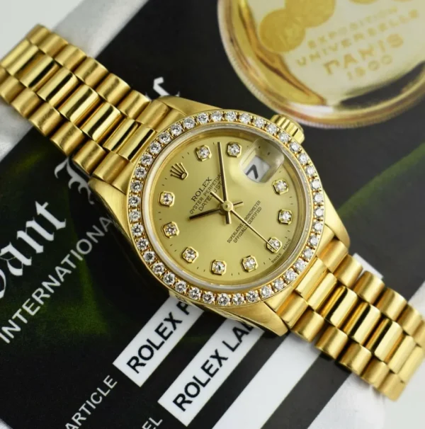 President Dress Watches | Dress Watches | Sant Blanc ROLEX Ladies 26mm 18kt Gold President Datejust Champagne Diamond Dial Diamond Bezel Model 69138