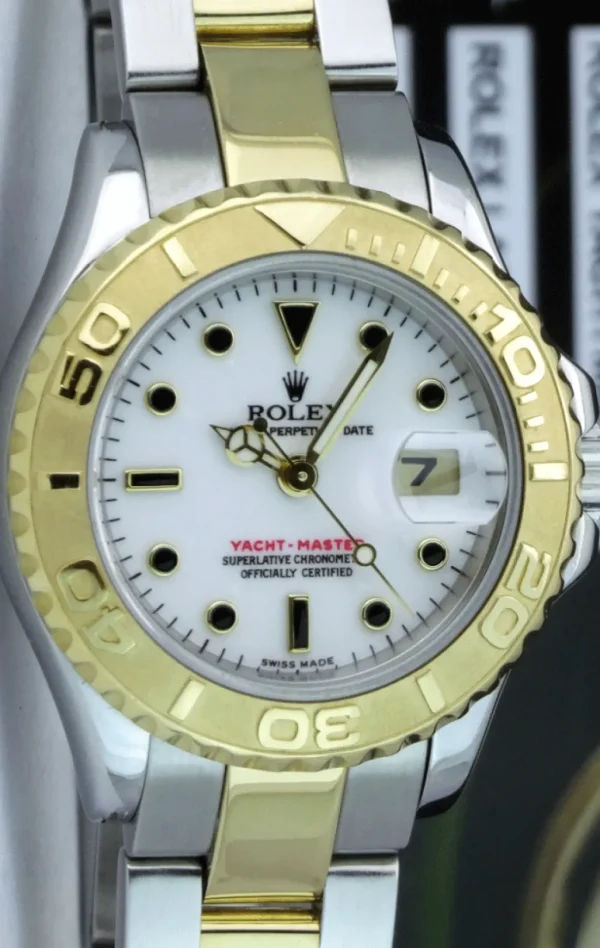 Yachting Professional Watches | Ladies Watches | Sant Blanc ROLEX Ladies 29mm 18kt Gold Stainless Steel YachtMaster White Index Dial Model 69623