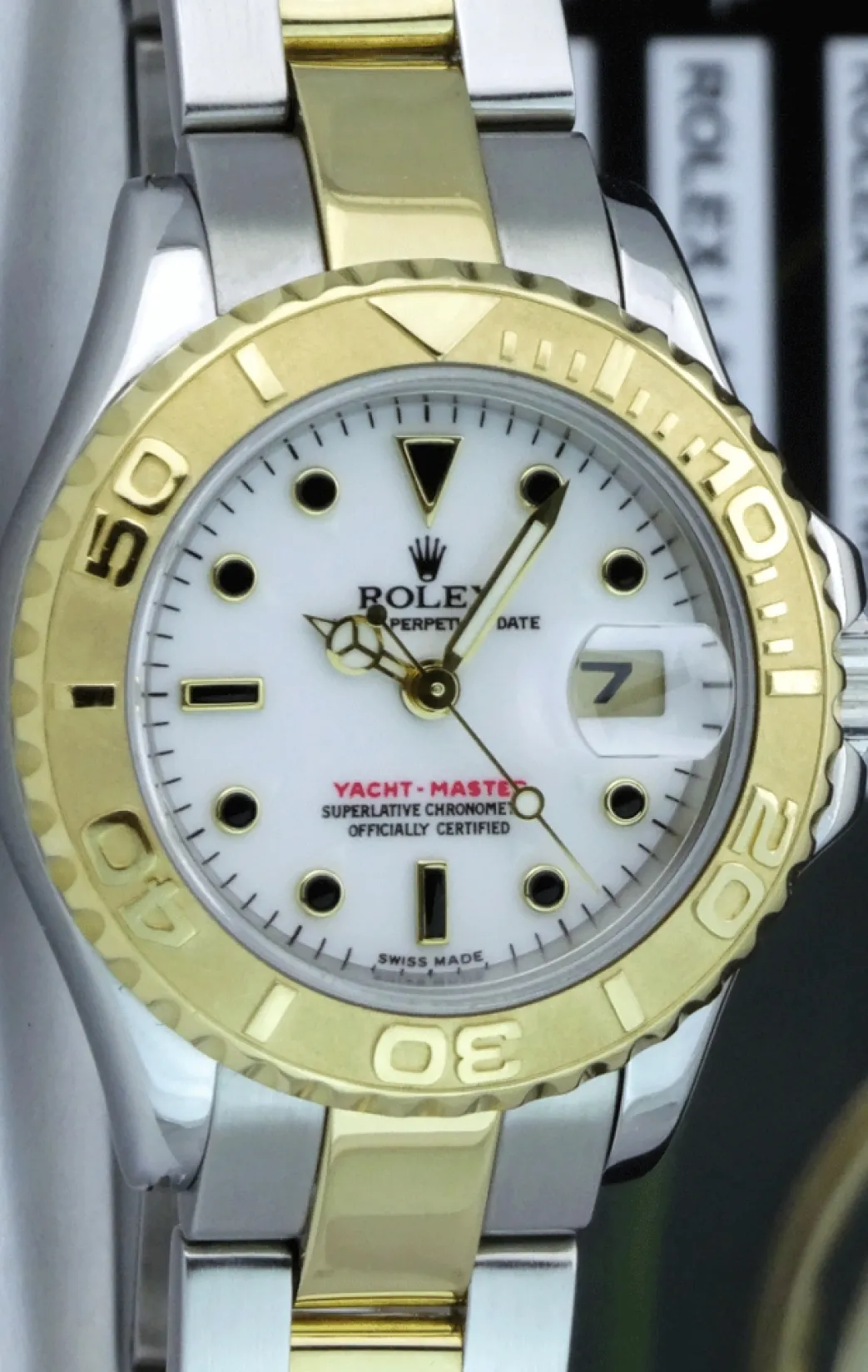 rolex_ladies_mm_kt_gold_s_2.webp Yachting Professional Watches | Ladies Watches | Sant Blanc ROLEX Ladies 29mm 18kt Gold Stainless Steel YachtMaster White Index Dial Model 69623