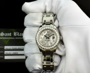 The Masterpiece | Ladies Watches | Sant Blanc ROLEX Ladies 29mm 18kt White Gold Pearlmaster Masterpiece White MOP Diamond Dial Model 80299
