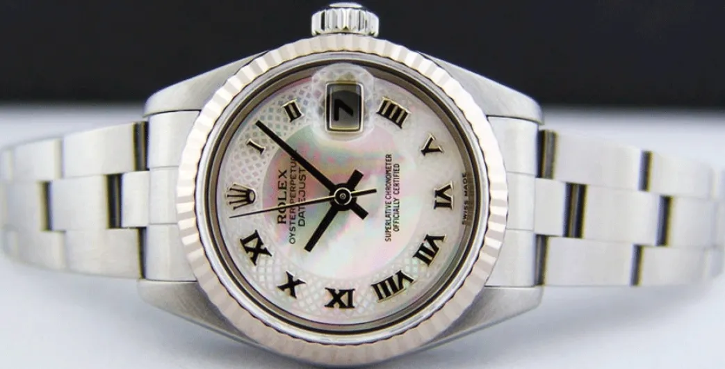 rolex_ladies_mm_kt_white__1-4.webp Ladies Watches | Dress Watches | Sant Blanc ROLEX Ladies 26mm 18kt White Gold & Stainless Steel DateJust MOP Deco Roman Dial Model 79174