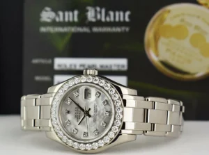 The Masterpiece | Ladies Watches | Sant Blanc ROLEX Ladies 29mm 18kt White Gold Pearlmaster Masterpiece White MOP Diamond Dial Model 80299