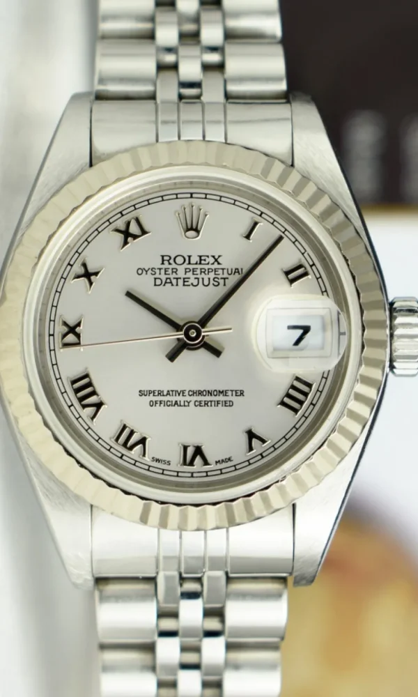 Ladies Watches | Dress Watches | Sant Blanc ROLEX Ladies 26mm 18kt White Gold & Stainless Steel Datejust Rhodium Roman Dial Model 79174