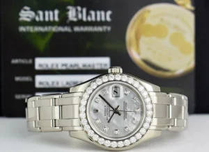 The Masterpiece | Ladies Watches | Sant Blanc ROLEX Ladies 29mm 18kt White Gold Pearlmaster Masterpiece White MOP Diamond Dial Model 80299