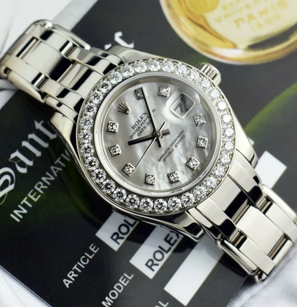The Masterpiece | Ladies Watches | Sant Blanc ROLEX Ladies 29mm 18kt White Gold Pearlmaster Masterpiece White MOP Diamond Dial Model 80299
