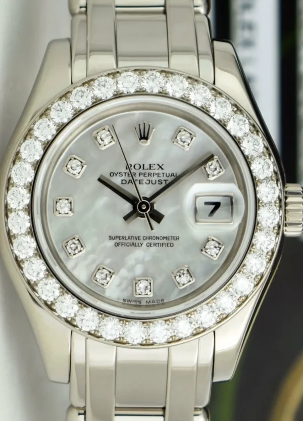 The Masterpiece | Ladies Watches | Sant Blanc ROLEX Ladies 29mm 18kt White Gold Pearlmaster Masterpiece White MOP Diamond Dial Model 80299