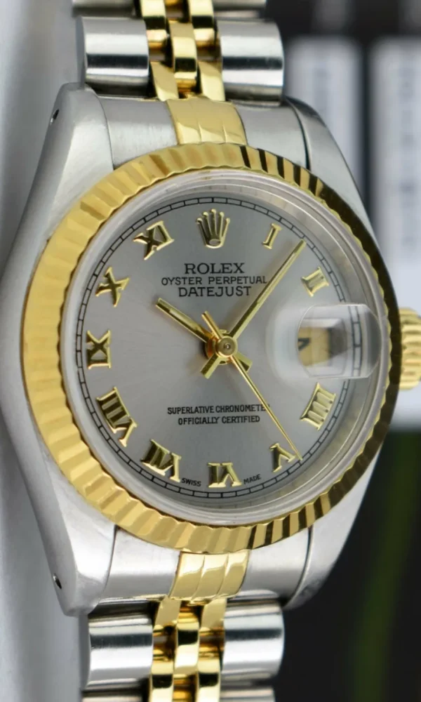 Ladies Watches | Dress Watches | Sant Blanc ROLEX Ladies 26mm 18kt Yellow Gold & Stainless Steel DateJust Silver Roman Dial Model 69173