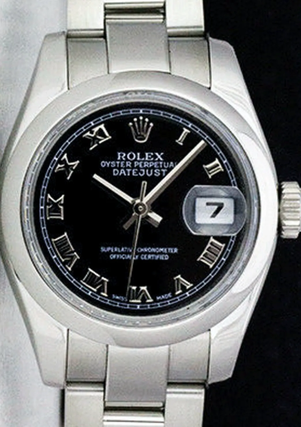 rolex_ladies_mm_stainless_0-3.webp Ladies Watches | Dress Watches | Sant Blanc ROLEX Ladies 26mm Stainless Steel DateJust Black Roman Dial Model 179160