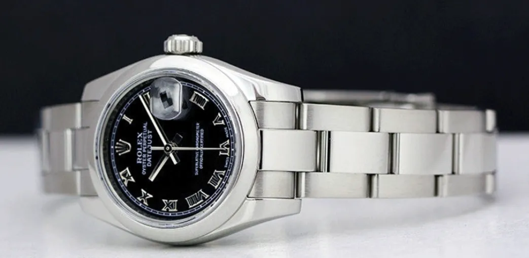 rolex_ladies_mm_stainless_4-2.webp Ladies Watches | Dress Watches | Sant Blanc ROLEX Ladies 26mm Stainless Steel DateJust Black Roman Dial Model 179160