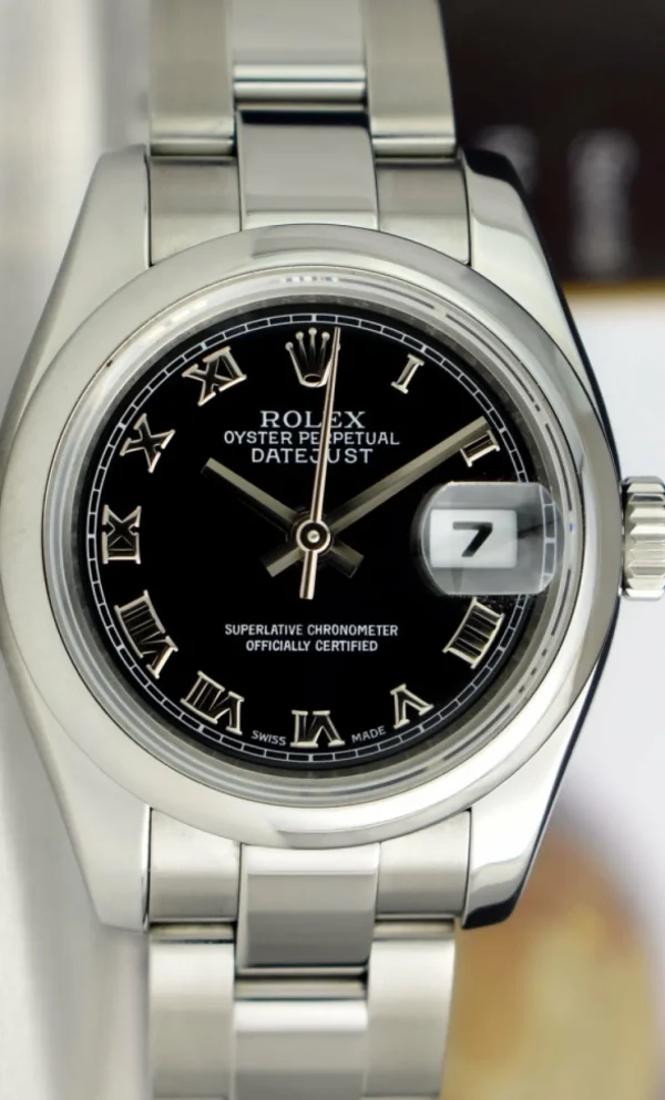 Ladies Watches | Dress Watches | Sant Blanc ROLEX Ladies 26mm Stainless Steel DateJust Black Roman Dial Oyster Band Model 179160