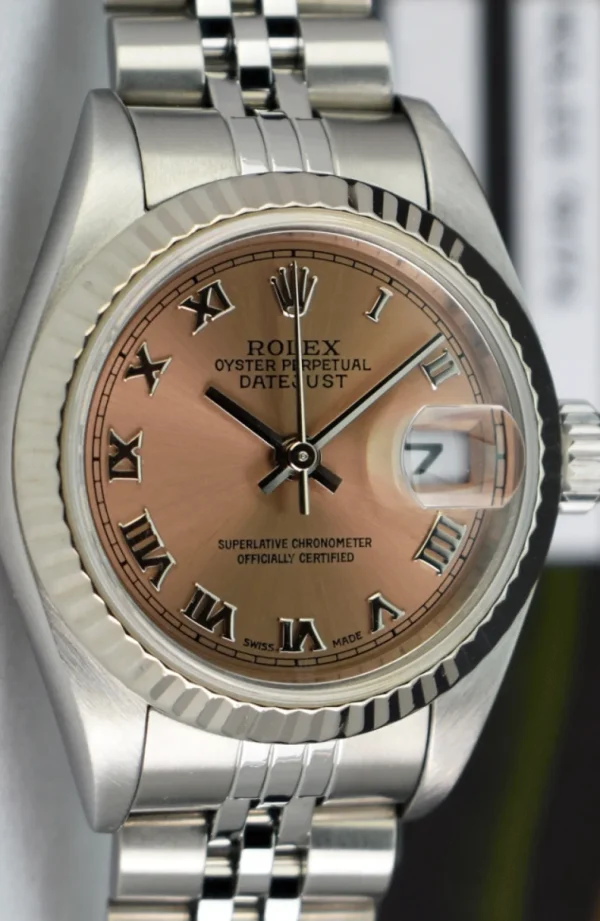 Dress Watches | Ladies Watches | Sant Blanc ROLEX Ladies 26mm White Gold & Stainless Steel DateJust Rose Roman Dial Model 79174