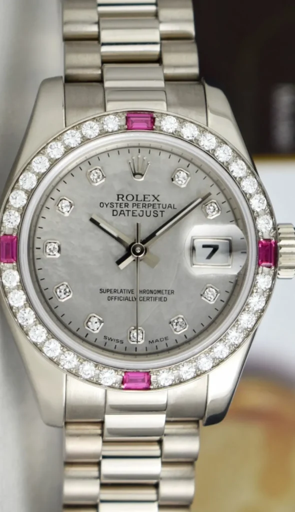 Ladies Watches | Dress Watches | Sant Blanc ROLEX Ladies White Gold President MOP Goldust Dial Diamond & Ruby Bezel Model 179179