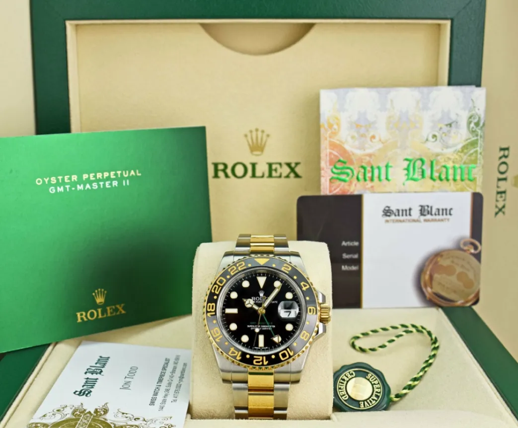 rolex_mens_kt_gold__stain_0-2.webp Men's Watches | Pilots Professional Watches | Sant Blanc ROLEX Mens 18kt Gold & Stainless Steel GMT Master II Black Dial Model 116713