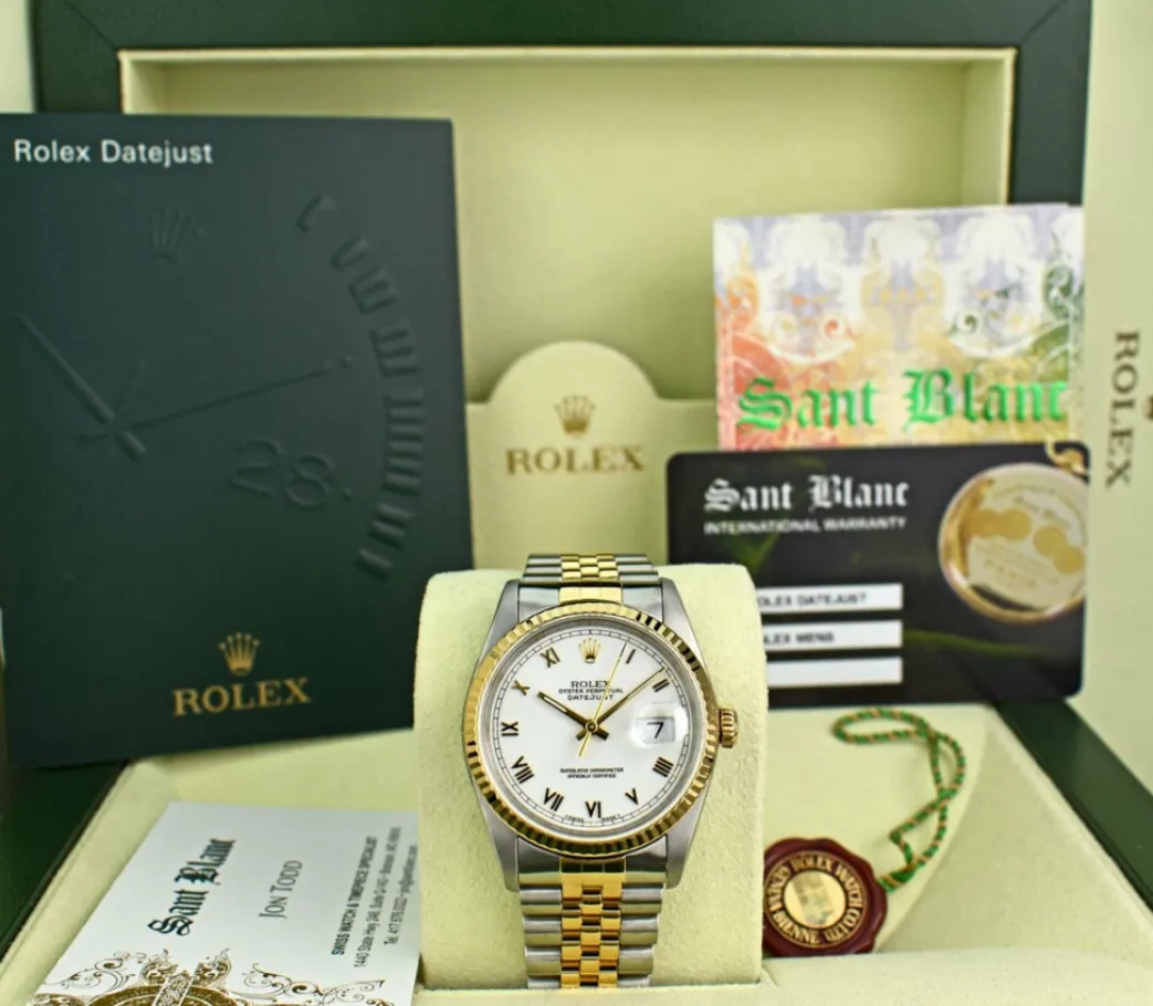 rolex_mens_kt_gold__stain_0-3.webp Men's Watches | Dress Watches | Sant Blanc ROLEX Mens 18kt Gold & Stainless Steel DateJust White Roman Box & Books Model 16233