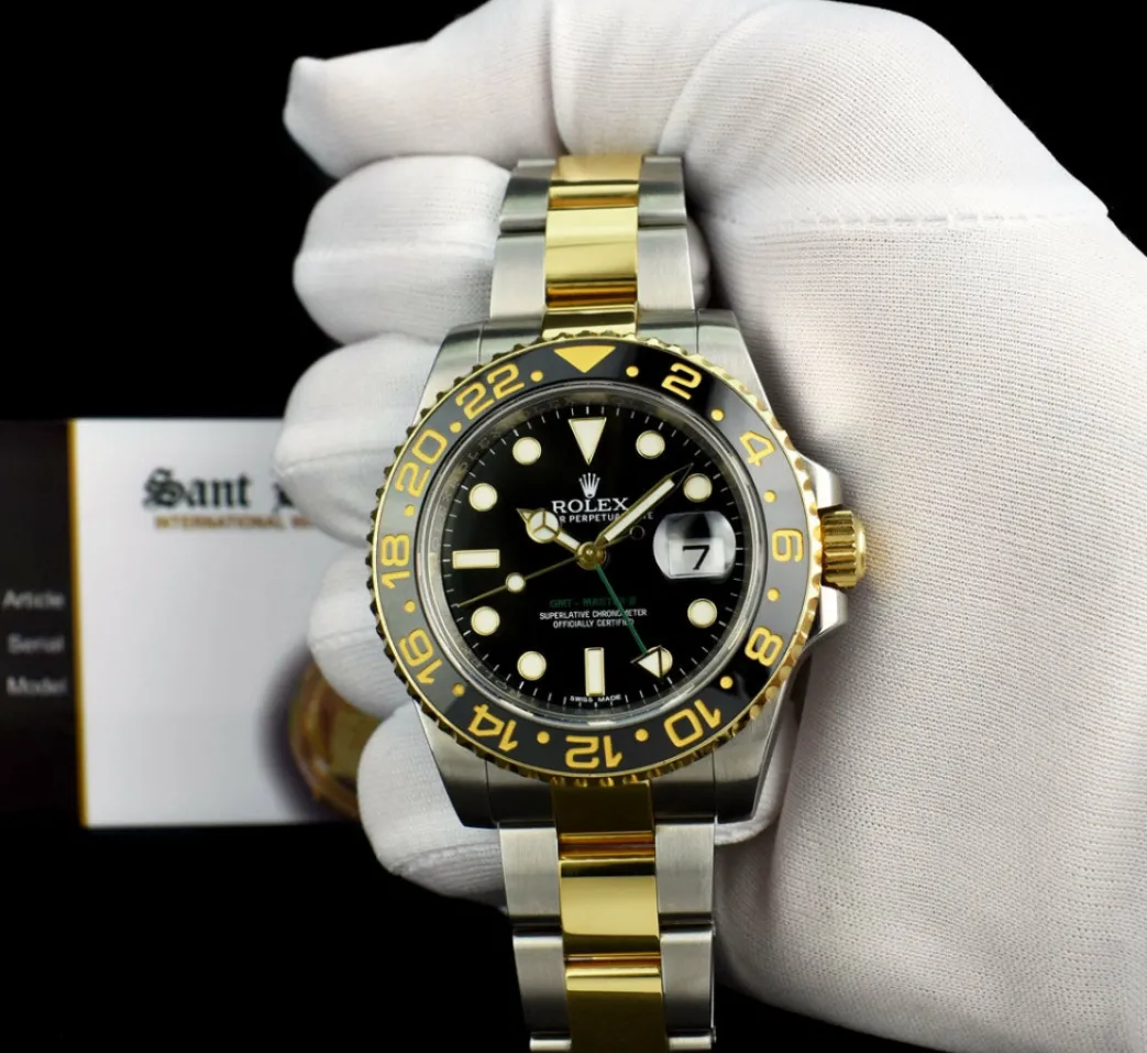 rolex_mens_kt_gold__stain_1-2.webp Men's Watches | Pilots Professional Watches | Sant Blanc ROLEX Mens 18kt Gold & Stainless Steel GMT Master II Black Dial Model 116713