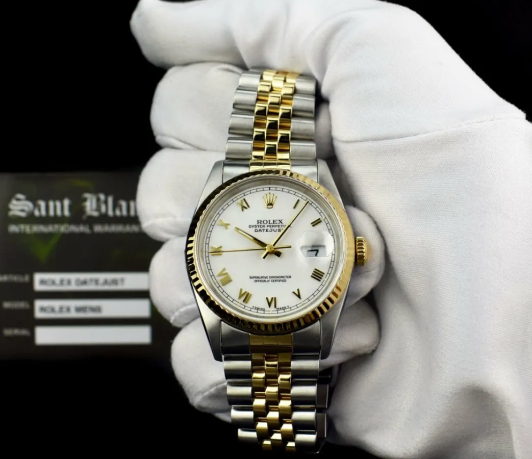 rolex_mens_kt_gold__stain_1-3.webp Men's Watches | Dress Watches | Sant Blanc ROLEX Mens 18kt Gold & Stainless Steel DateJust White Roman Box & Books Model 16233