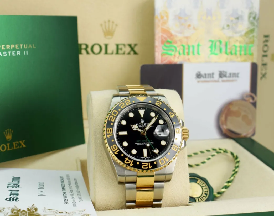 rolex_mens_kt_gold__stain_2-2.webp Men's Watches | Pilots Professional Watches | Sant Blanc ROLEX Mens 18kt Gold & Stainless Steel GMT Master II Black Dial Model 116713