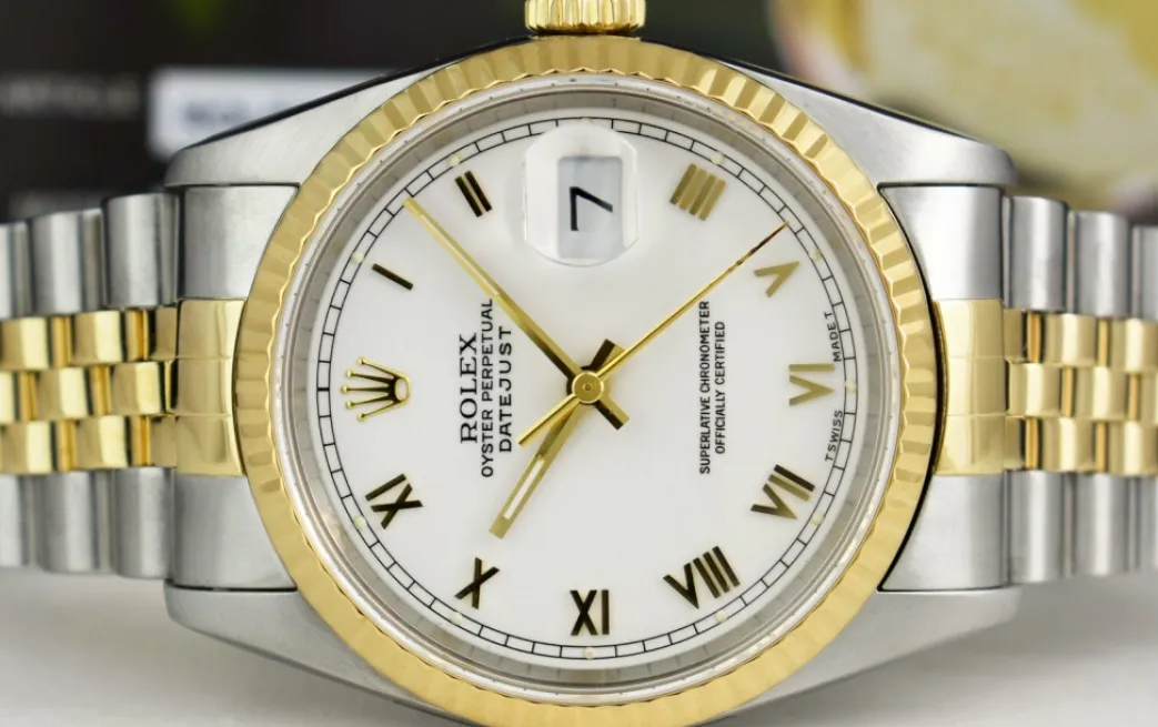 rolex_mens_kt_gold__stain_2-3.webp Men's Watches | Dress Watches | Sant Blanc ROLEX Mens 18kt Gold & Stainless Steel DateJust White Roman Box & Books Model 16233