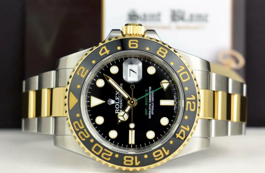 rolex_mens_kt_gold__stain_3-2.webp Men's Watches | Pilots Professional Watches | Sant Blanc ROLEX Mens 18kt Gold & Stainless Steel GMT Master II Black Dial Model 116713