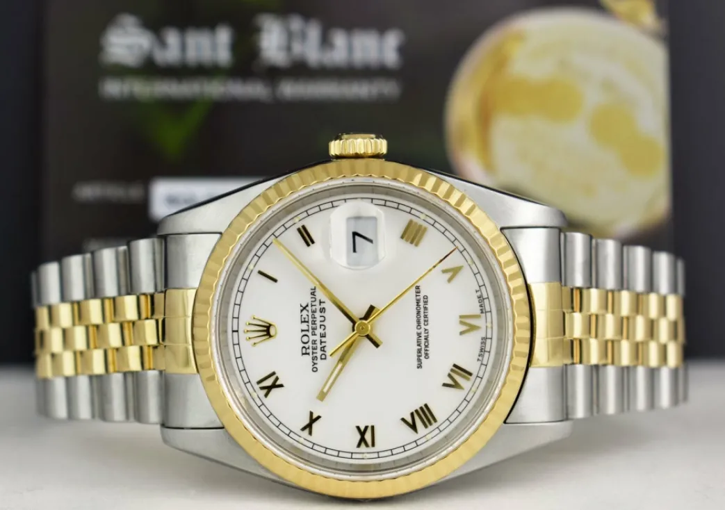 rolex_mens_kt_gold__stain_3-3.webp Men's Watches | Dress Watches | Sant Blanc ROLEX Mens 18kt Gold & Stainless Steel DateJust White Roman Box & Books Model 16233